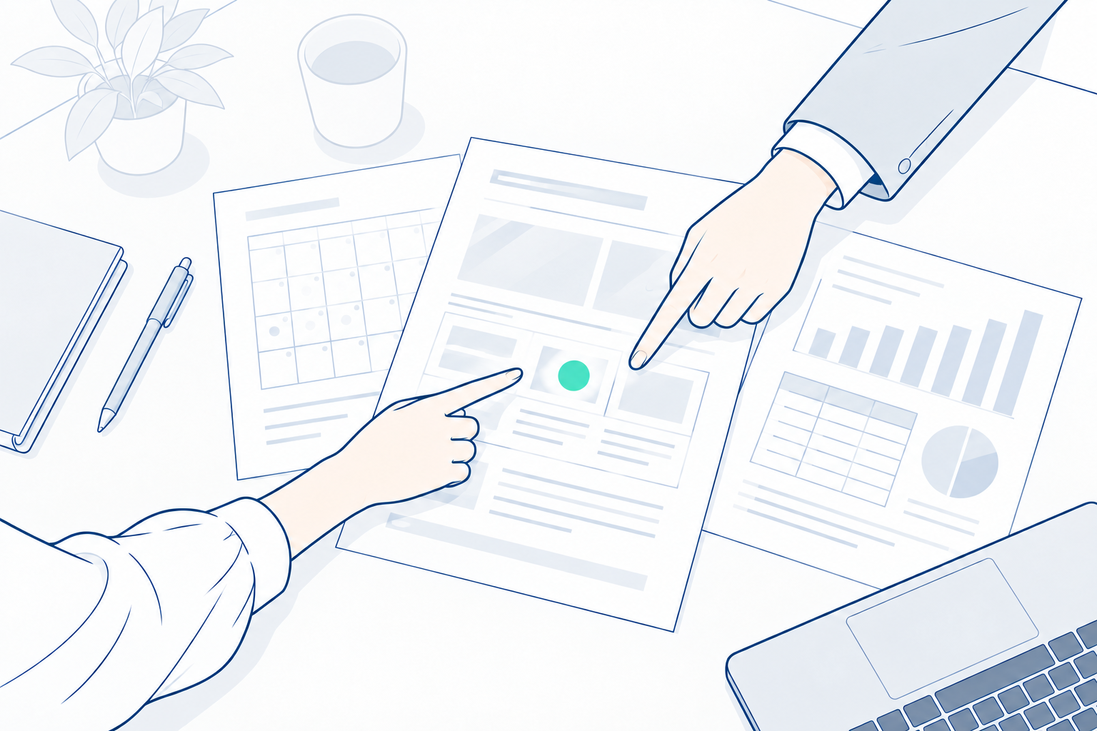 二人の手がWebサイトの構成案、台帳、予約予定表を指しながら整理している俯瞰の線画