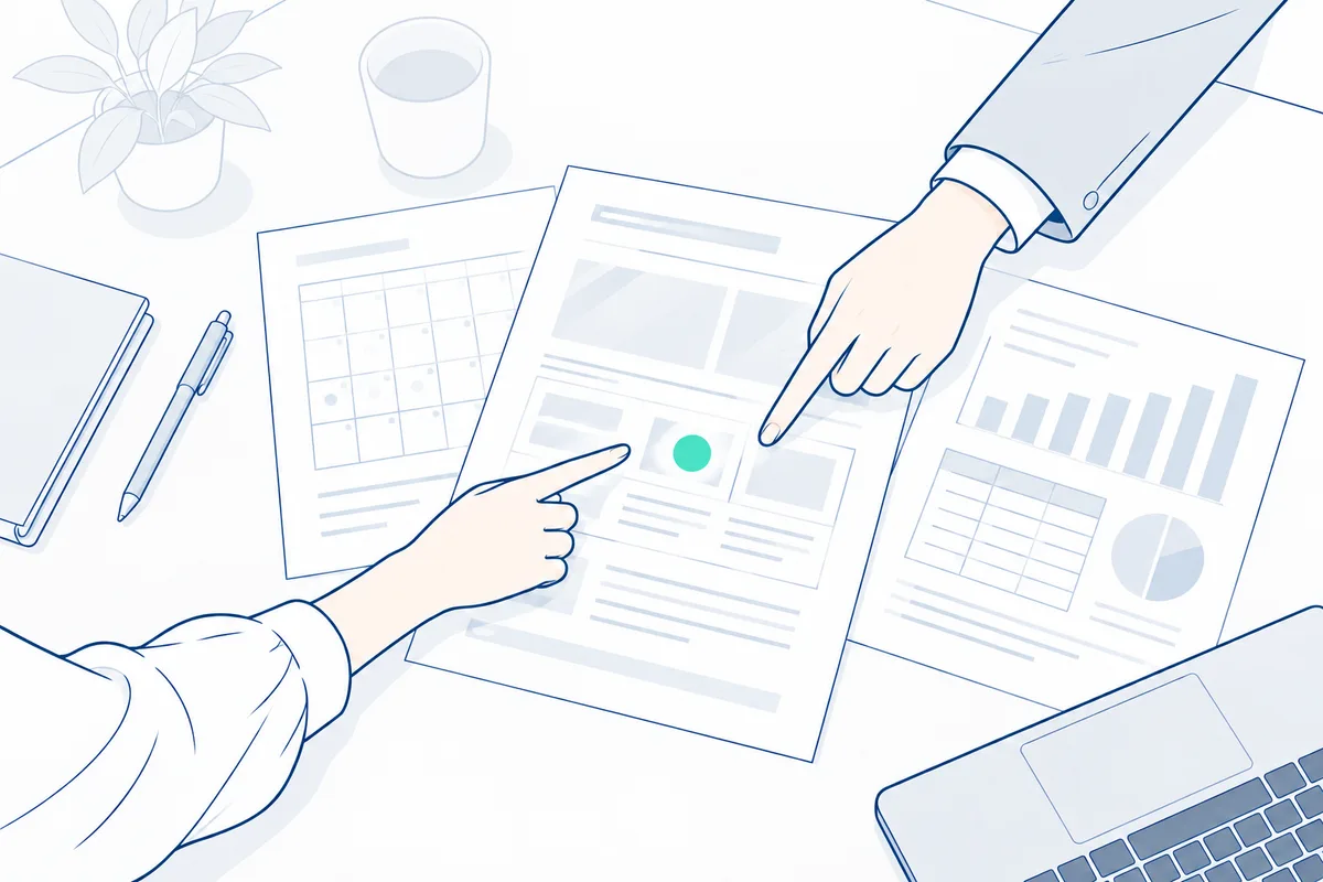 二人の手がWebサイトの構成案、台帳、予約予定表を指しながら整理している俯瞰の線画
