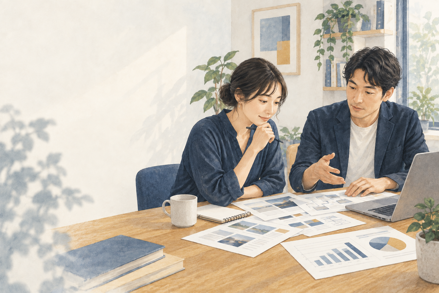 資料とパソコンを見ながら、二人でサイトの方針を相談する様子