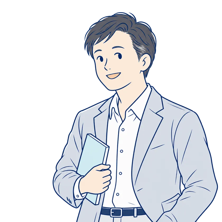 書籍を手にした、代表・早崎祐介をモデルにした著書のキャラクターのイラスト